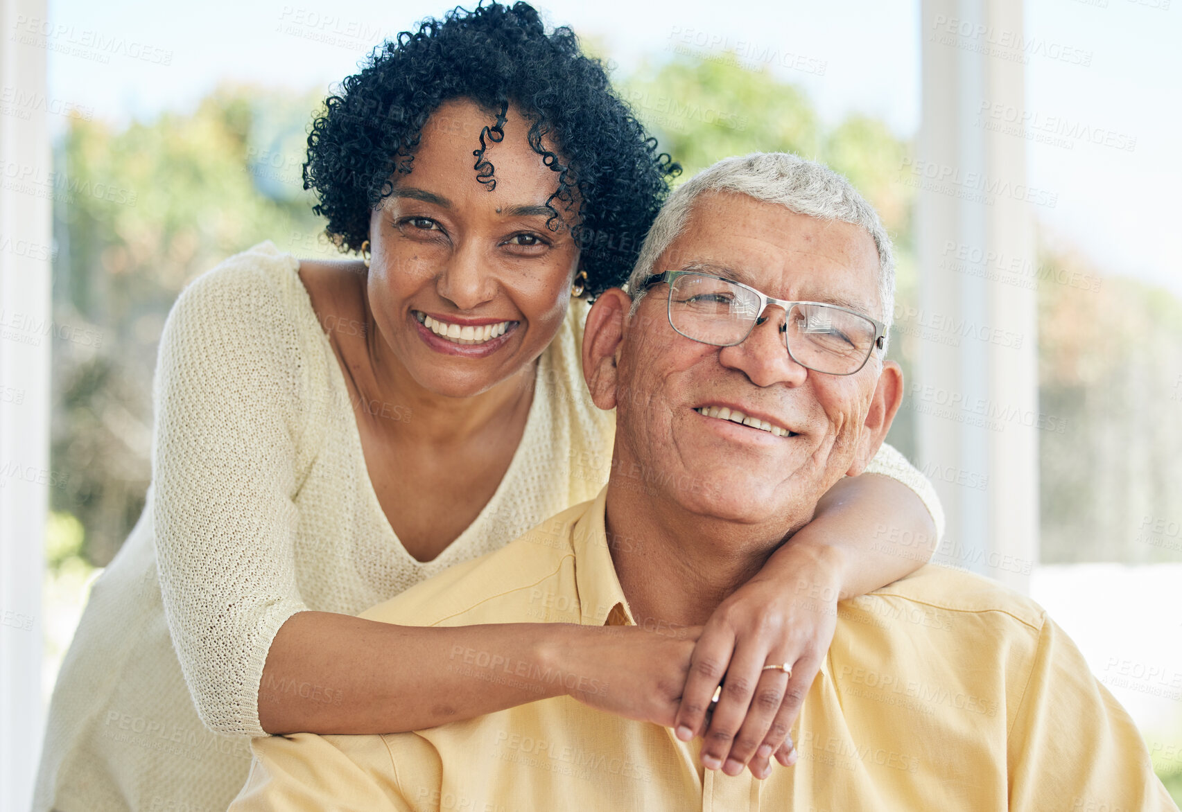 Buy stock photo Portrait, love and couple hug, retirement and quality time for anniversary, loving and bonding together. Face, old man and mature woman embrace, romance and relations with joy, happiness and cheerful