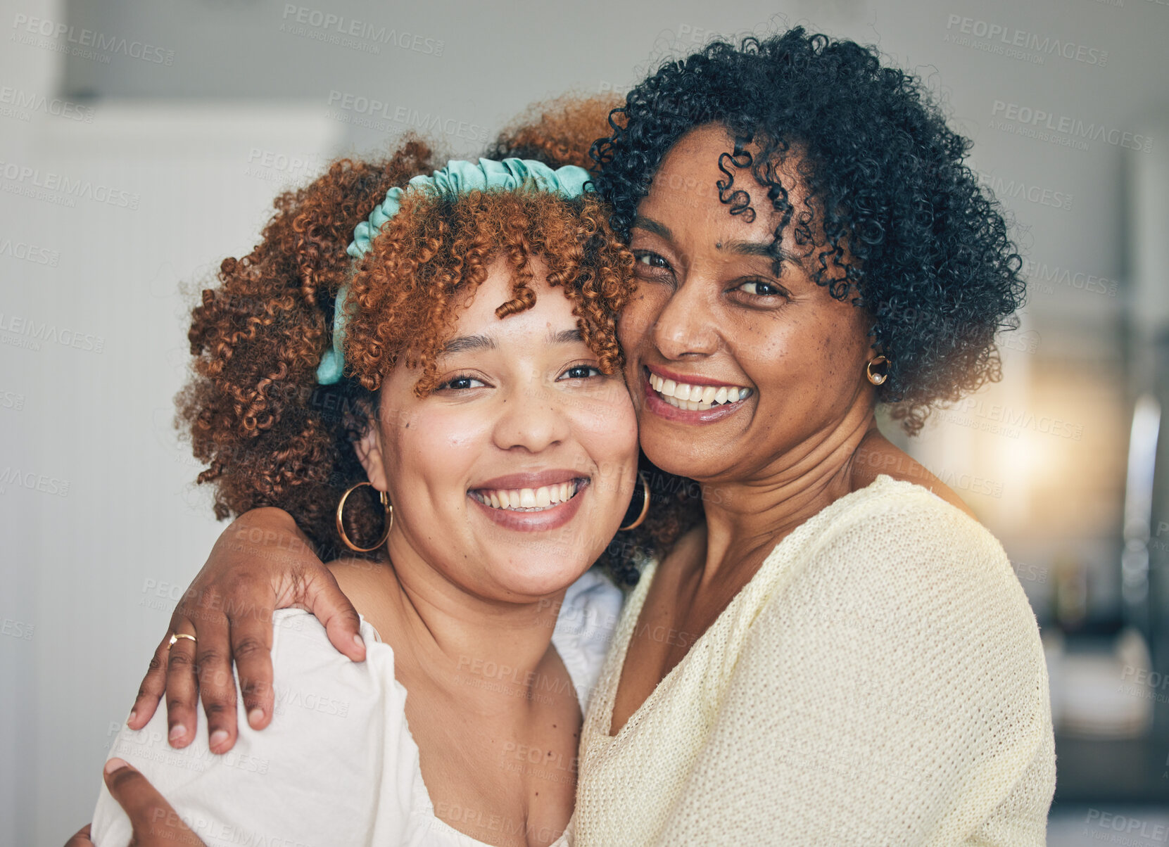 Buy stock photo Mother, grandmother and portrait at home with happiness and bonding together in a house. Happy woman, senior female and smile of a mom and grandma on mothers day with a hug, love and care in lounge