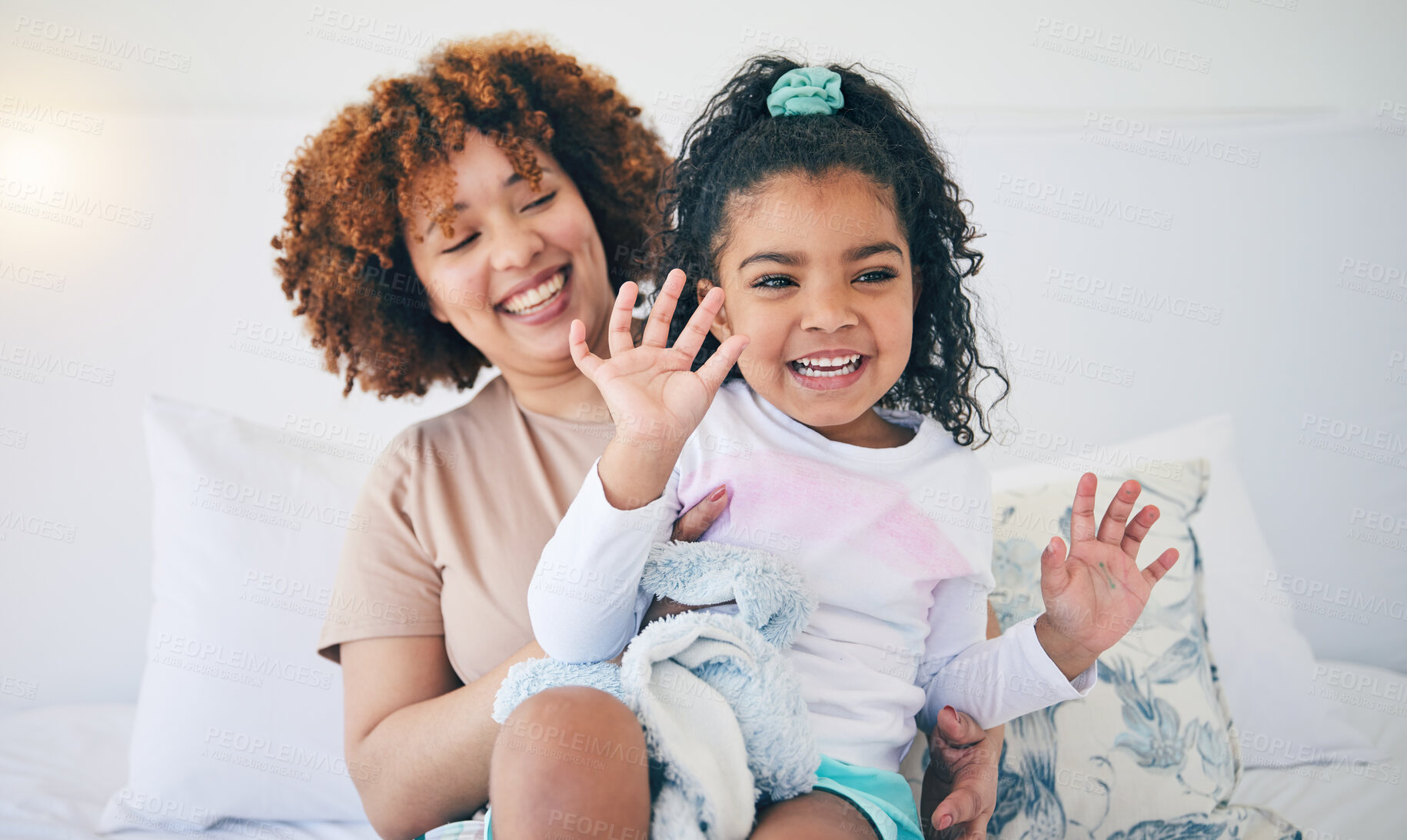 Buy stock photo Love, mother and girl in bedroom, playing and quality time together with happiness, bonding and loving. Family, mama or daughter on bed, smile or relax on weekend, break and fun with joy and cheerful