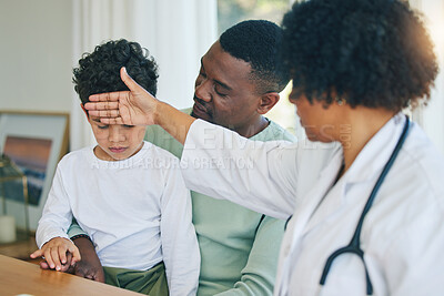 Buy stock photo Pediatrician, woman doctor and sick child with father in a hospital and clinic checking fever. Illness, kid and dad supporting a boy feeling virus and flu with a healthcare and wellness worker