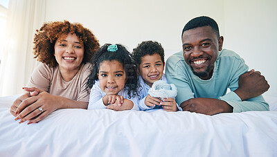 Buy stock photo Family, portrait and parents with children and love, relax at home and spending time together with bonding and care. Happy people, mom and dad with kids, diversity and smile, unity and relationship