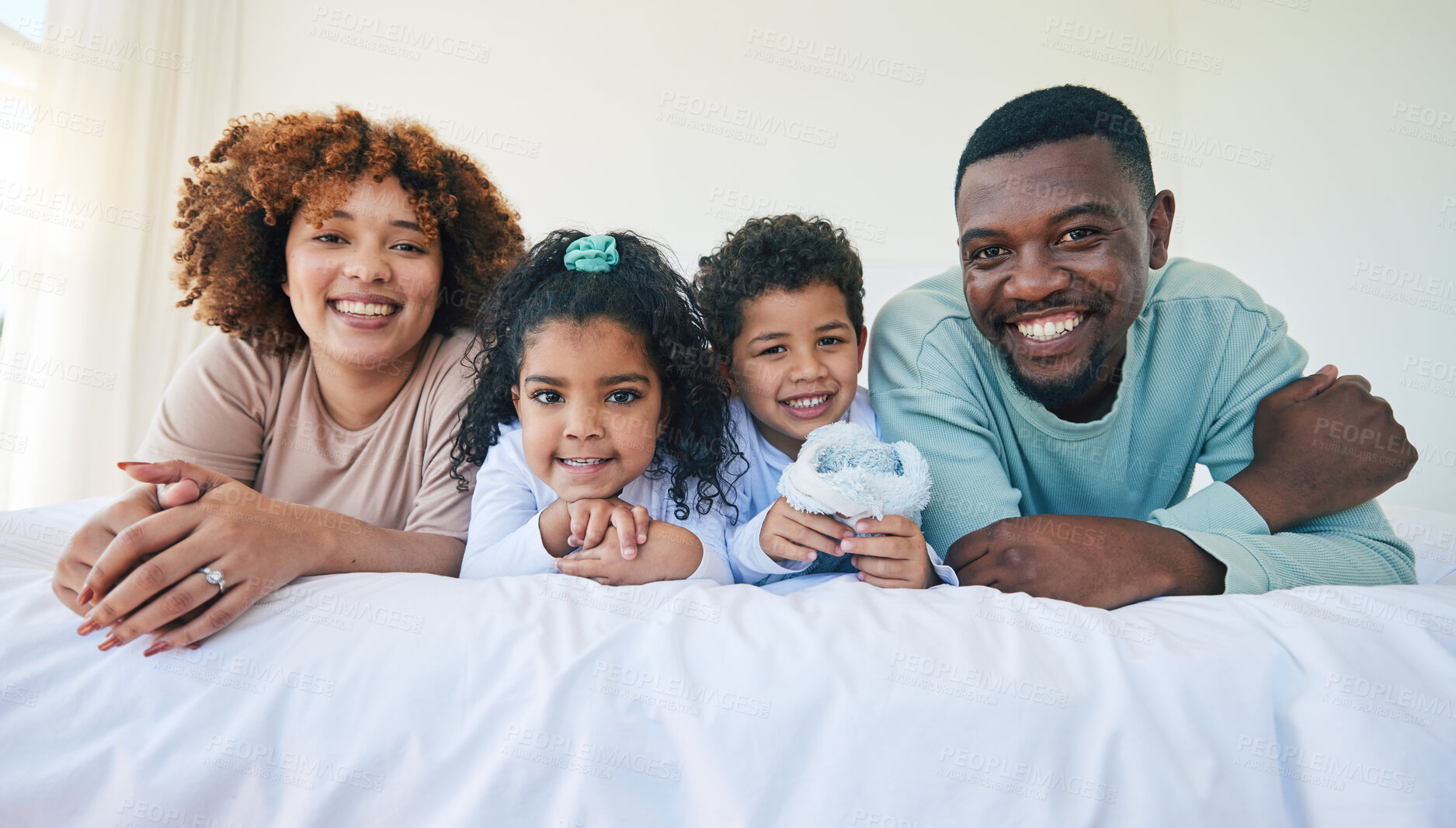 Buy stock photo Family, portrait and parents with children and love, relax at home and spending time together with bonding and care. Happy people, mom and dad with kids, diversity and smile, unity and relationship