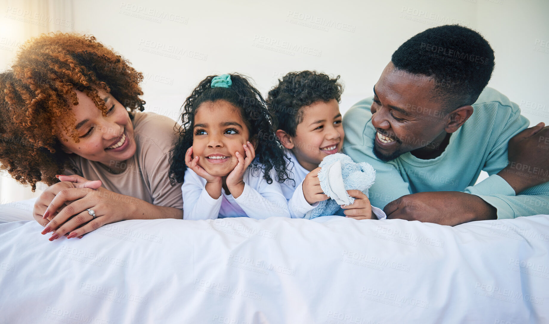 Buy stock photo Family, happiness and parents with children and love, relax at home and spending time together with bonding and care. Happy people, mom and dad with kids, diversity and smile, unity and relationship