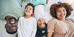 Portrait, top view and parents with children in bed enjoy morning for bonding, quality time and relaxing. Black family, home and happy mother, father and kids in bedroom for affection, trust and love