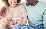 Happy, couple and pregnancy test, smile and excited for good news, positive and results in their house. Hands, woman and man with home testing kit, pregnant and fertility or ivf success while hugging