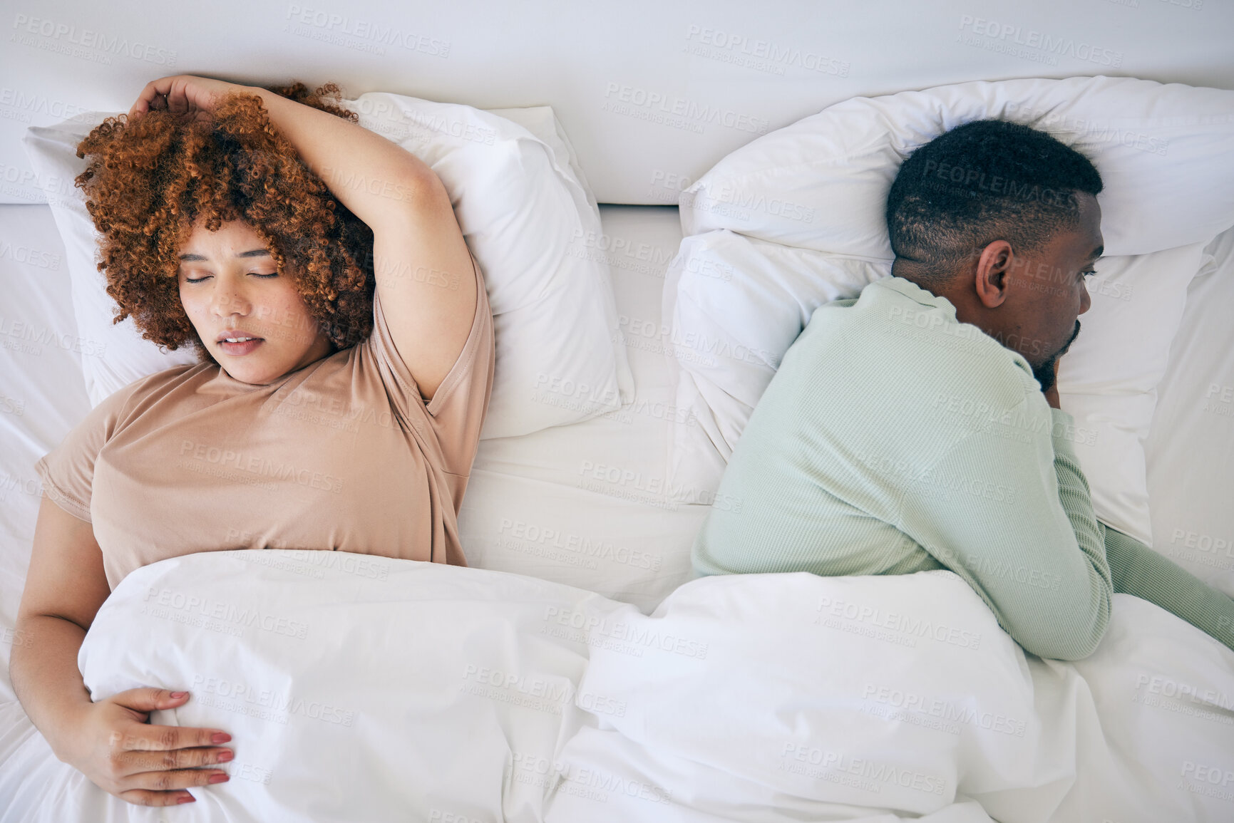 Buy stock photo Top view, sleeping and black couple in bed in morning after fighting, argument and relationship problem. Depression, dating and male in bed with woman with sexual frustrated, infertility and stress