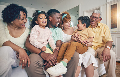 Buy stock photo Black family laughing, portrait and living room sofa of a mother, father and children with grandparent. Happy, smile and bonding of a mom, dad and young kids together having fun with love and support