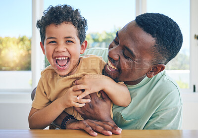 Buy stock photo Father, laugh and black man tickle son, have fun and enjoy happy quality time together in Jamaica home. Family bonding, child love and playing African people, youth kid or papa tickling laughing boy