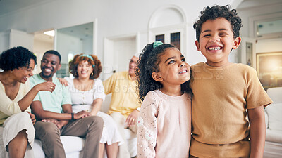 Buy stock photo Portrait, family brother and sister smile, having fun and laughing together in home. Love, care and happy children, siblings or boy and girl bonding in living room and enjoying holiday or vacation.