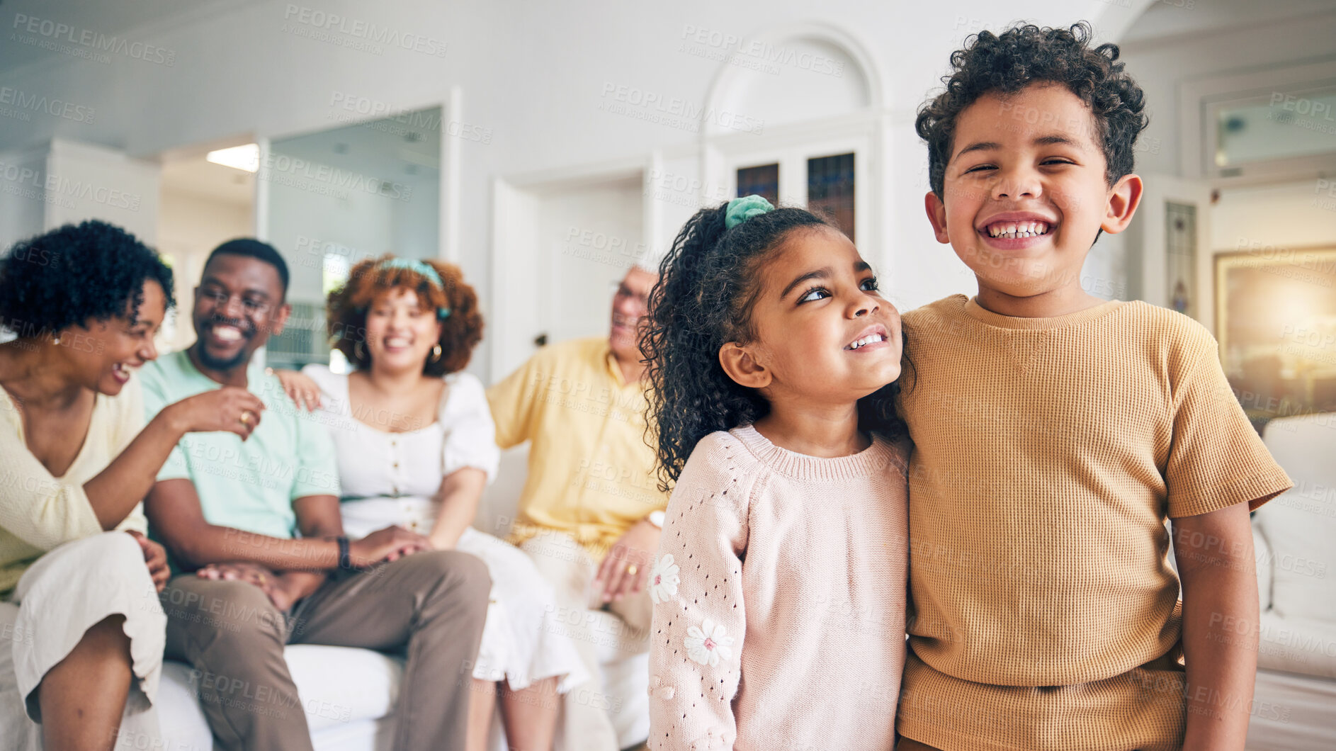 Buy stock photo Portrait, family brother and sister smile, having fun and laughing together in home. Love, care and happy children, siblings or boy and girl bonding in living room and enjoying holiday or vacation.