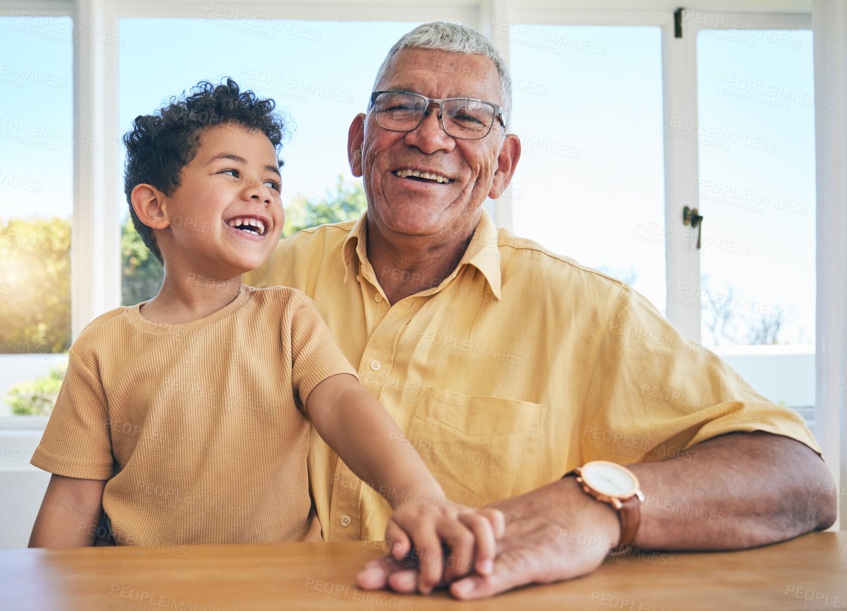 Buy stock photo Happy, smile and portrait grandfather and child for family bonding, generations and relax. Affectionate, free time and weekend with old man and grandson at home for care, happiness and break