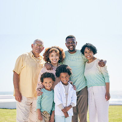 Buy stock photo Smile, love and portrait of a happy family at a beach for travel, vacation and holiday on nature in summer. Relax, face and trip with children, parents and grandparents bond while traveling in Miami