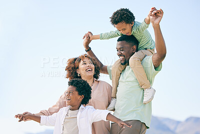 Buy stock photo Family, parents and children, travel and vacation at beach, love and care, fun and freedom outdoor. Support, unity and happiness, mother and father with kids and happy people on holiday in Australia
