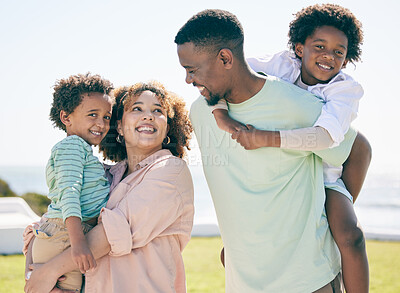 Buy stock photo Smile, love and happy black family at beach for summer travel, vacation and piggyback in a garden. Cheerful, relaxed and trip with children and parents embrace and bond while traveling in Mexico