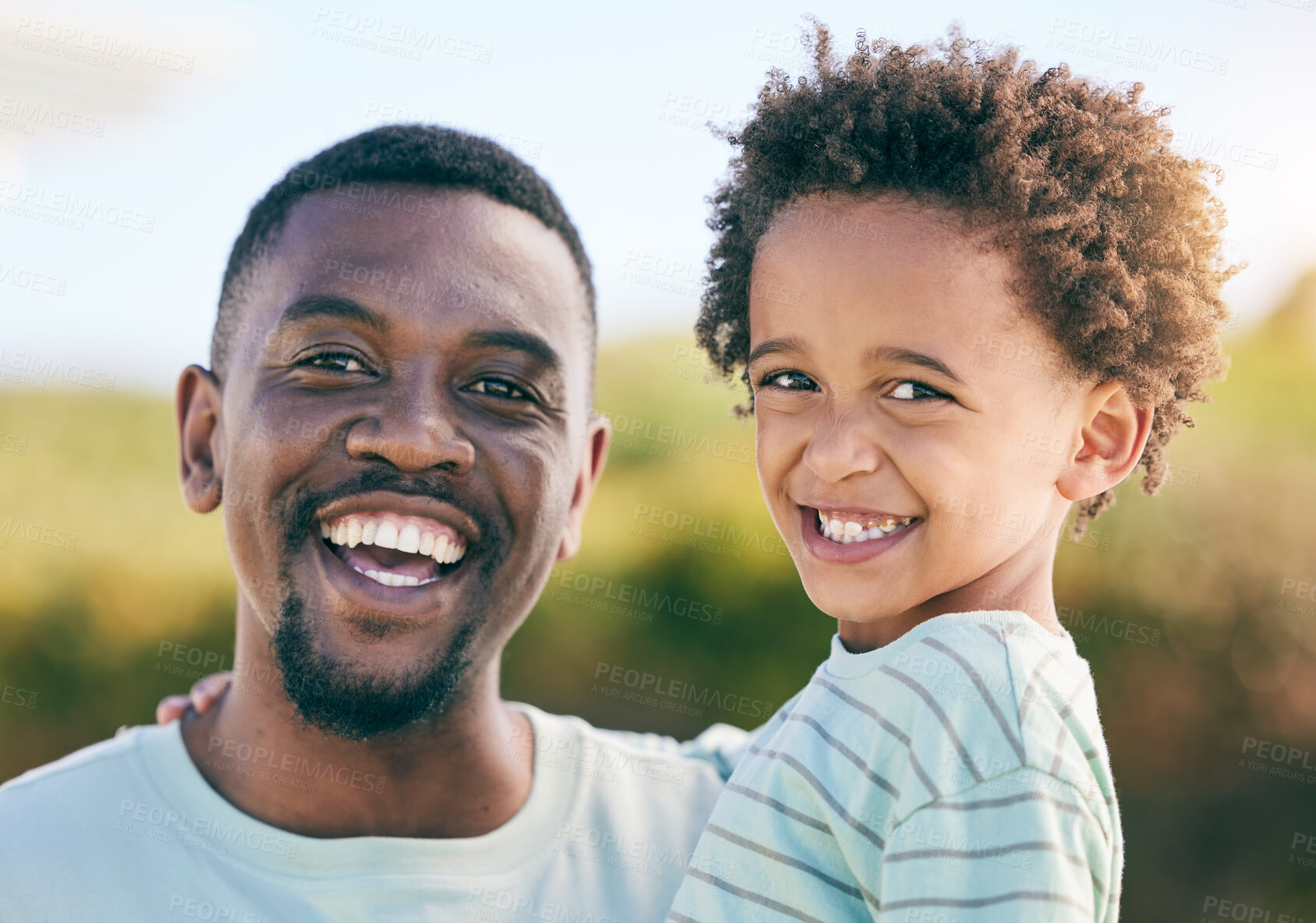 Buy stock photo Black family, portrait and dad smile with young child together outdoor with happiness. Happy, smile and father bonding with his kid with parent care, love and support on summer holiday with joy