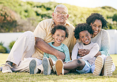 Buy stock photo Smile, garden and portrait of children with grandparents enjoy holiday, summer vacation and weekend. Black family, happy and grandpa, grandmother and kids on grass for quality time, relax and bonding
