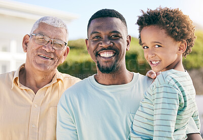 Buy stock photo Portrait, black family with a man, boy and grandfather bonding outdoor in the garden together for love. Happy, kids or generations with a father, son and senior relative standing outside in the yard
