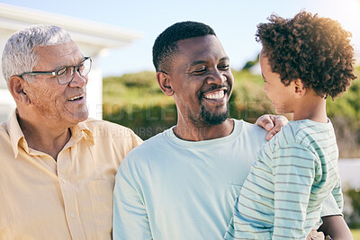 Buy stock photo Love, grandfather and dad with son, happiness and cheerful with quality time, joyful and smile. Family, old man and male parent with boy, loving or bonding together, outdoor or fun with care or laugh
