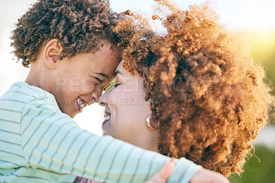 Buy stock photo Family, woman hug child with happiness and content together outdoor, face profile and forehead touch. Mother, young kid and happy people, love and care with bonding, relationship and peace with smile