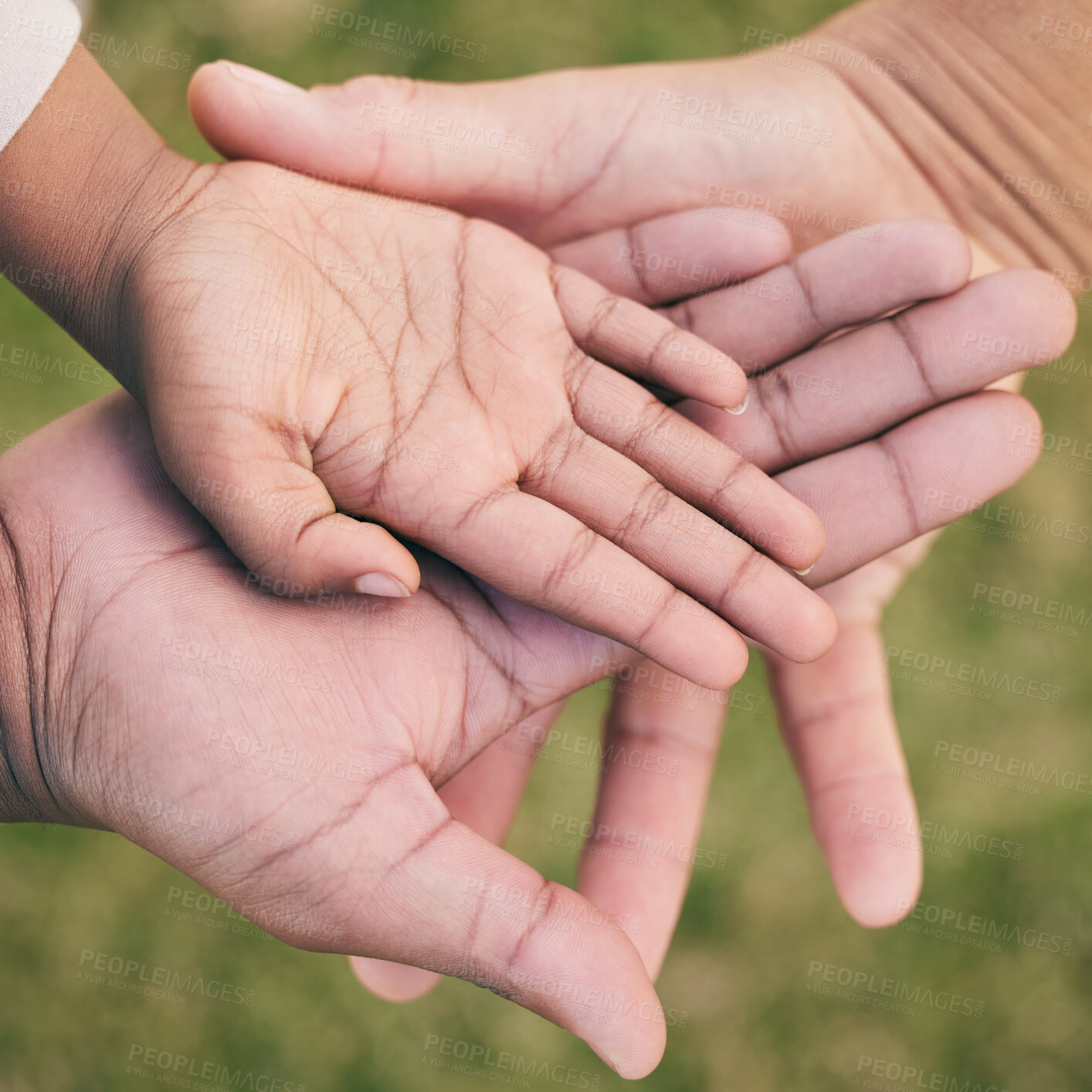 Buy stock photo Hands palm close up, kid and parents for family, love or support in summer on vacation at park. Helping hand, solidarity and together with help, care or outdoor for quality  time, bonding and stack