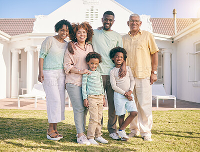 Buy stock photo Property, real estate and portrait against family house, happy and excited for new home or relocation. Face, smile and children with parents and grandparents together for moving, dream and relocating