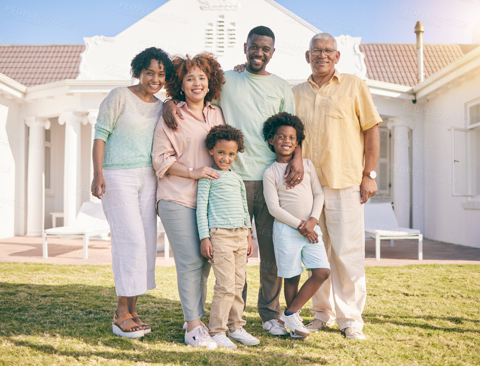 Buy stock photo Property, real estate and portrait against family house, happy and excited for new home or relocation. Face, smile and children with parents and grandparents together for moving, dream and relocating