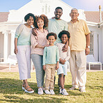 Real estate, property and portrait against family house, happy and excited for new home or relocation. Face, smile and children with parents and grandparents together for moving, dream and relocating