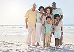 Smile, hug and portrait of a happy family at a beach for travel, vacation and holiday on nature background. Relax, face and trip with children, parents and grandparents bond while traveling in Cancun