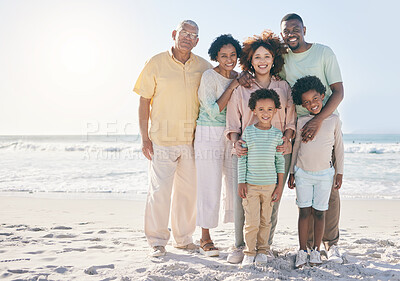 Buy stock photo Smile, hug and portrait of a happy family at a beach for travel, vacation and holiday on nature background. Relax, face and trip with children, parents and grandparents bond while traveling in Cancun