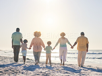 Buy stock photo Family on the beach, holding hands and generations, travel and summer vacation, solidarity and love outdoor. Grandparents, parents and children on holiday, people together with back view in Cancun