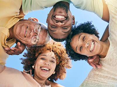 Buy stock photo Circle, senior parents and portrait of family with smile, hugging and embrace in huddle in below view. Blue sky, summer and happy adult children with mother and father for support, bonding and trust