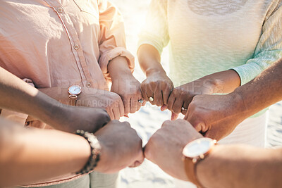 Buy stock photo Group of people fist bump together for teamwork, community support and collaboration with outdoor games. Circle of friends closeup with power, collaboration and solidarity hand sign for power