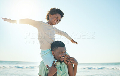 Buy stock photo Happy father, excited child and beach fun with boy on dad shoulders with parent care or bonding. Outdoor, sea and summer holiday of black family on vacation with happiness and playing with sky mockup