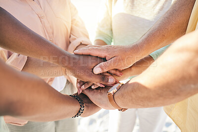 Buy stock photo Group of people hands stacked outdoor for teamwork, community support and collaboration in prayer or faith. Circle of friends closeup with hand together sign for solidarity, praying and team building