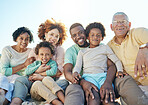 Smile, parents and portrait of children with grandparents enjoy holiday, summer vacation and weekend. Black family, travel and happy mom, dad and kids at beach for quality time, relax and bonding