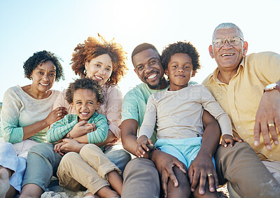 Buy stock photo Smile, parents and portrait of children with grandparents enjoy holiday, summer vacation and weekend. Black family, travel and happy mom, dad and kids at beach for quality time, relax and bonding