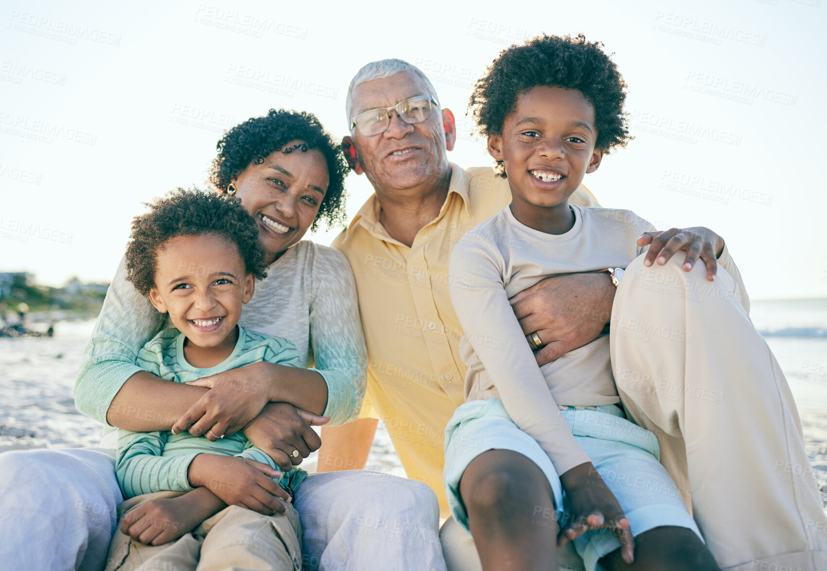 Buy stock photo Smile, beach and portrait of children with grandparents enjoy holiday, summer vacation and weekend. Family, happy and grandpa, grandmother and kids excited for quality time, relax and bonding