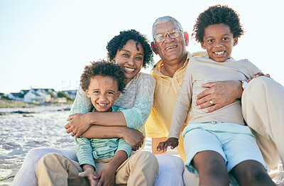 Buy stock photo Smile, grandparents and portrait of children at beach enjoy holiday, summer vacation and weekend. Family, love and happy grandpa, grandmother and kids hug for quality time, relax and bonding