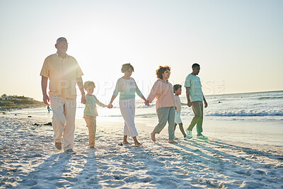 Buy stock photo Family, grandparents and children at beach, holding hands and jump with swing, happiness or bonding on holiday. Parents, kids and senior people for love, vacation or summer sunshine in morning by sea