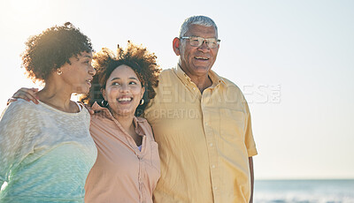 Buy stock photo Family, parents and adult daughter, travel and vacation at beach, love and care outdoor with smile and freedom. Support, unity and happiness, old man and women by the ocean on holiday in Australia