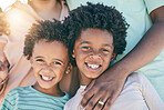 Portrait, children and boys siblings with parents smile, happy and excited for vacation or holiday with family outdoors. Kids, faces and African American young people joyful and relax on a trip