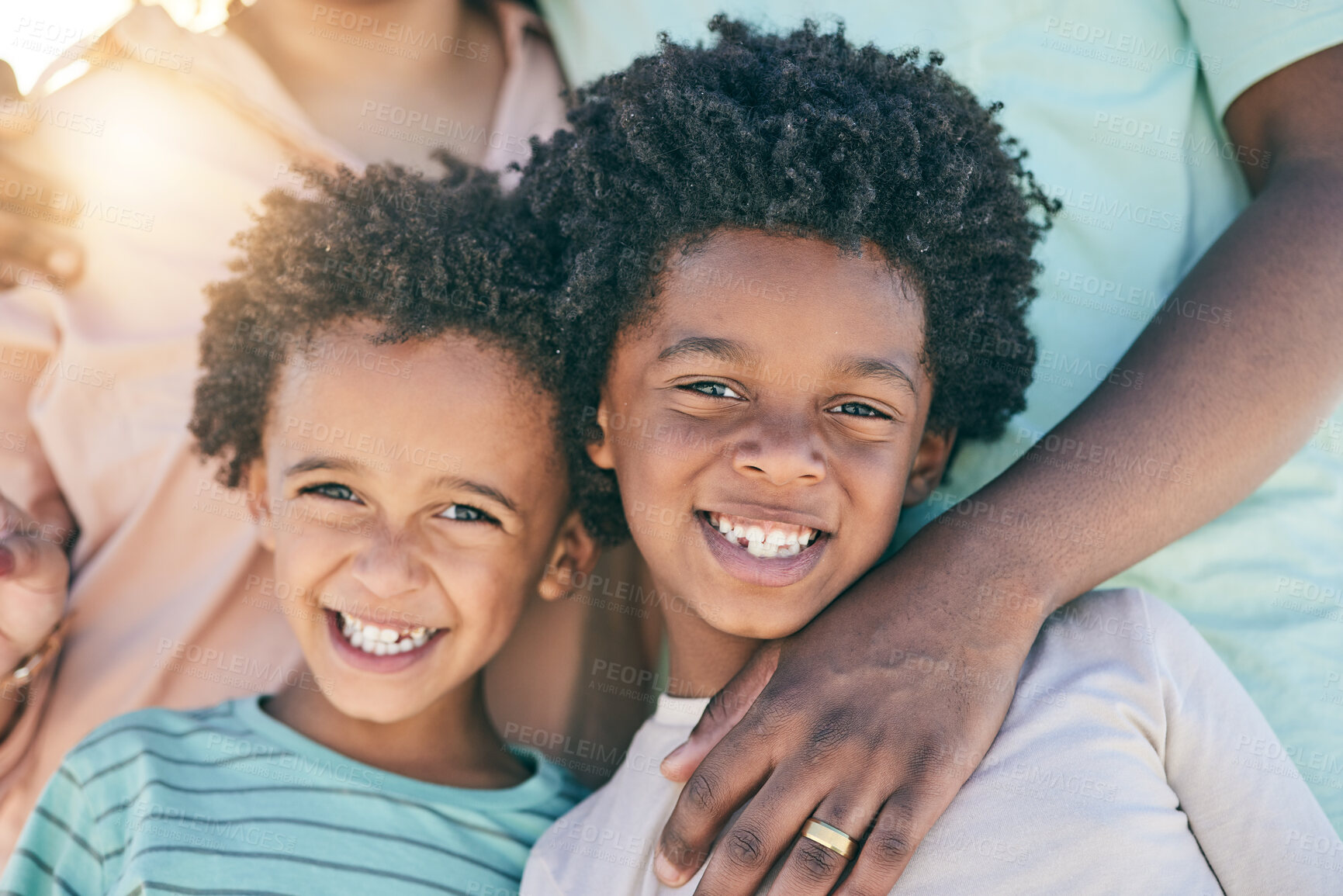 Buy stock photo Portrait, children and boys siblings with parents smile, happy and excited for vacation or holiday with family outdoors. Kids, faces and African American young people joyful and relax on a trip