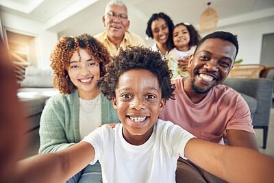 Buy stock photo Care, smile and selfie with black family in living room for social media, bonding and relax. Happiness, picture and generations with parents and children at home for memory, support and weekend