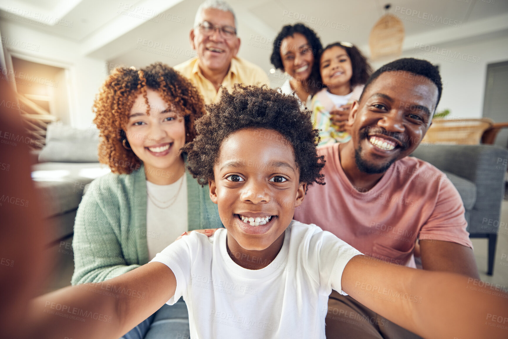 Buy stock photo Care, smile and selfie with black family in living room for social media, bonding and relax. Happiness, picture and generations with parents and children at home for memory, support and weekend