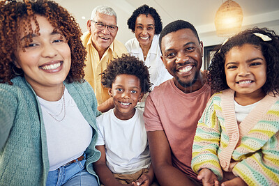 Buy stock photo Happy, smile and selfie with black family in living room for social media, bonding and relax. Happiness, picture and generations with parents and children at home for memory, support and weekend