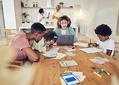 Buy stock photo Remote work, homework and busy big family together for work, learning and conversation. Drawing, talking and parents, grandparents and children doing different activities in a house as a group