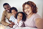 Black family, selfie smile and portrait in home bedroom, bonding and having fun together. Interracial, love and father, mixed race mother and children taking pictures for happy memory or social media