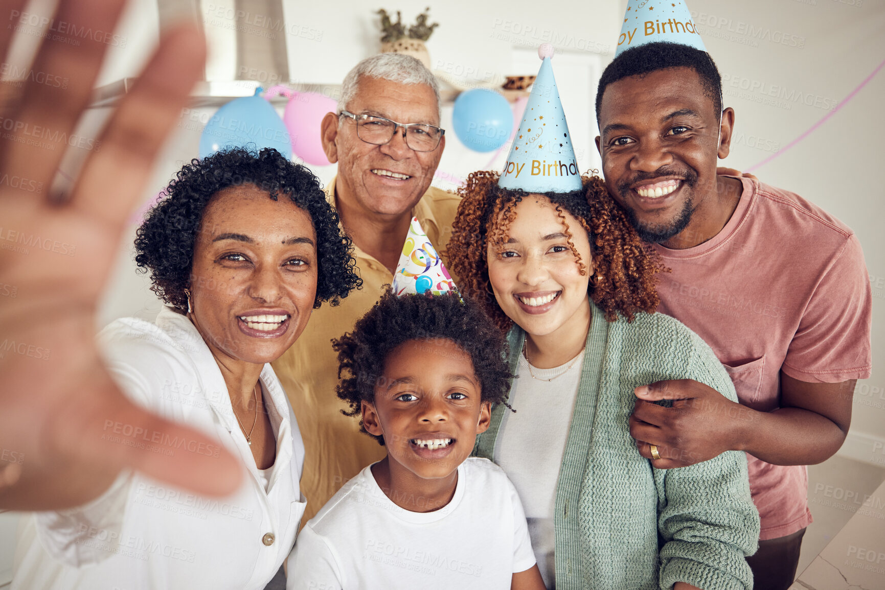 Buy stock photo Big family, selfie smile and birthday portrait in home, having fun at party or celebration. Interracial, love or father, mother and kid with grandparents taking photo for happy memory or social media