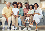 Family portrait, generations and love with trust and support at home, grandparents and parents with kids. Relax in living room, happy people together with unity and bonding, diversity and care
