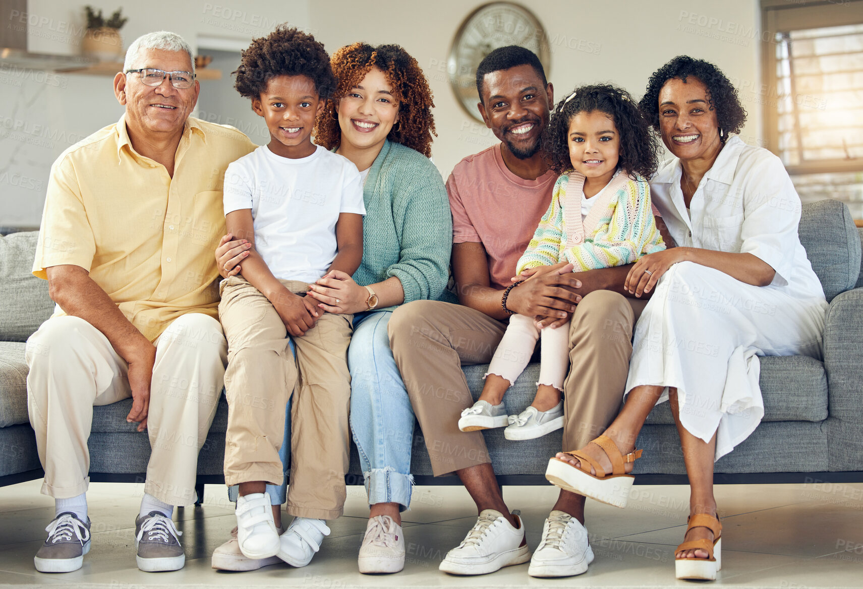 Buy stock photo Family portrait, generations and love with trust and support at home, grandparents and parents with kids. Relax in living room, happy people together with unity and bonding, diversity and care